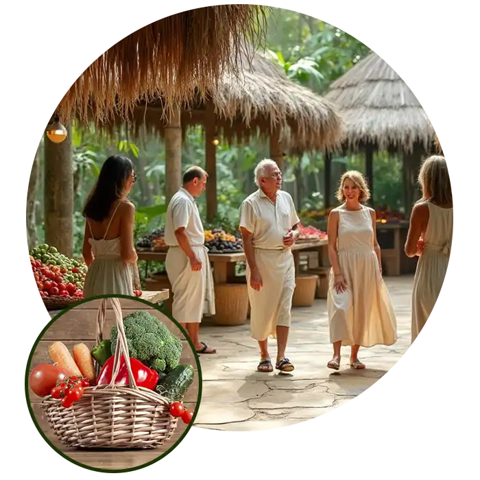 amenidades, mercado de trueques, frutas, vegetales